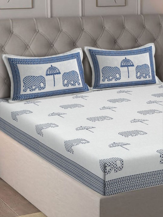 Mausam White Ethnic Motifs Pure Cotton 180 TC King Fine Bedsheet with 2 Pillow Covers-250 x 270 cm