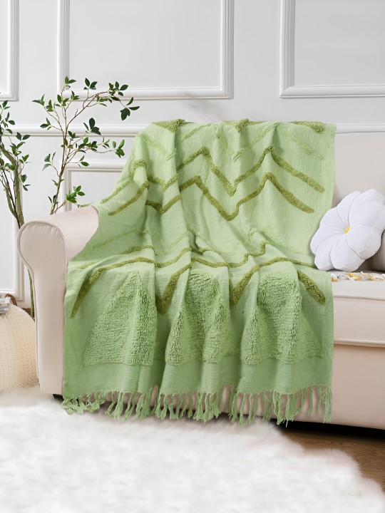 Green Tufted Cotton Throw Blanket