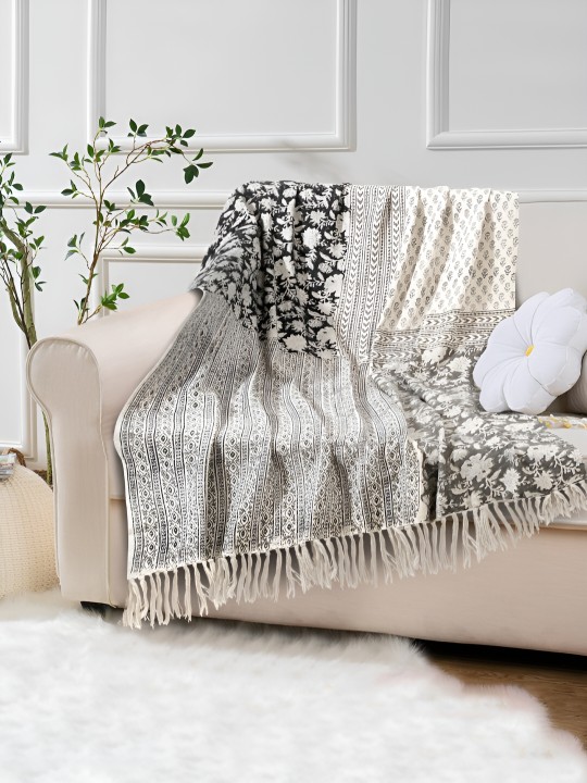 Black & White Block Printed Cotton Throw