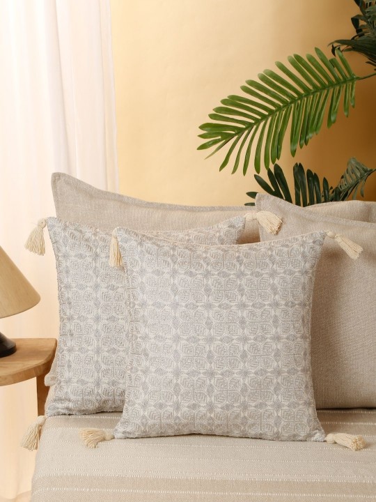 Grey Floral Embroidered Cushion Covers | Set of 2 | Linen Square Pillow Covers