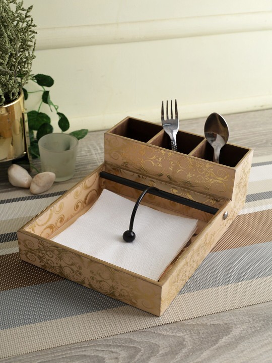 Gold-Coloured Printed MDF Cutlery and Tissue Holder