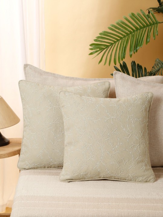 Beige 2 Pieces Floral Embroidered Square Cushion Covers