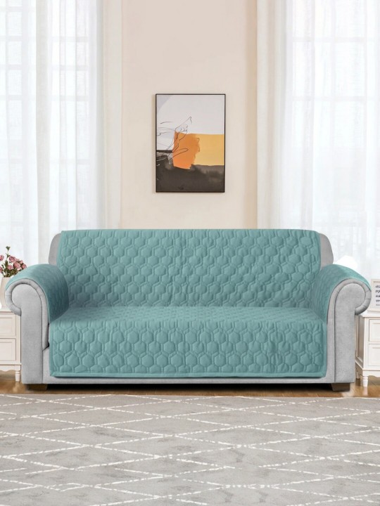 Beige Honey Comb Quilted Velvet 3 Seater Anti Skid Sofa Cover with 2 pcs Hand Rest