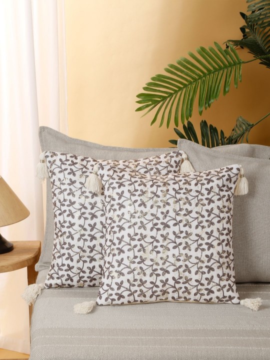 Grey & White Floral Embroidered Cushion Covers | 2 Piece Square Pillow Covers Set