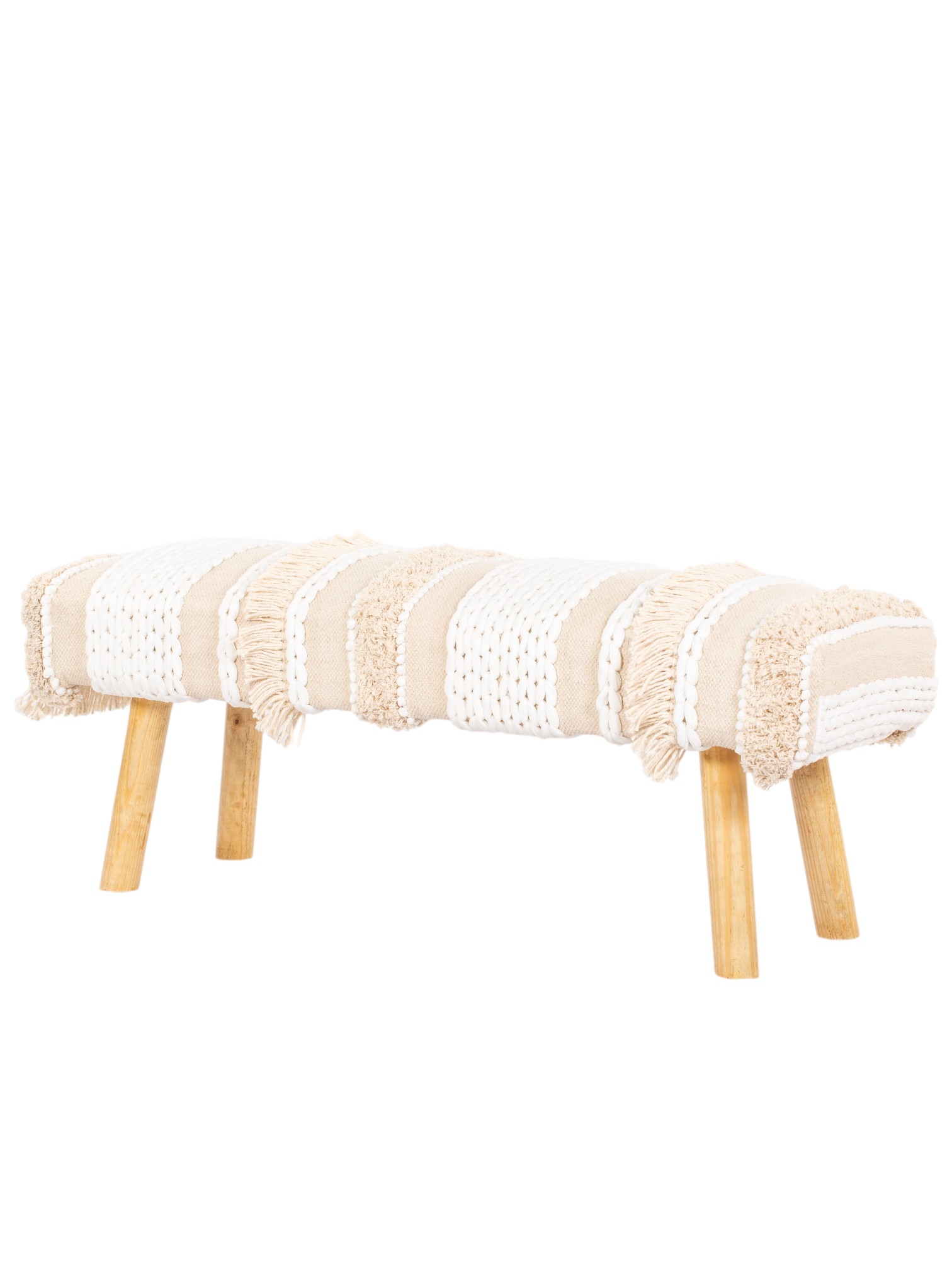 Peach and White Handmade Boho Bench | Handwoven Cotton Upholstered Wooden Seat with Fringe | Boho Bedroom & Living Room Furniture