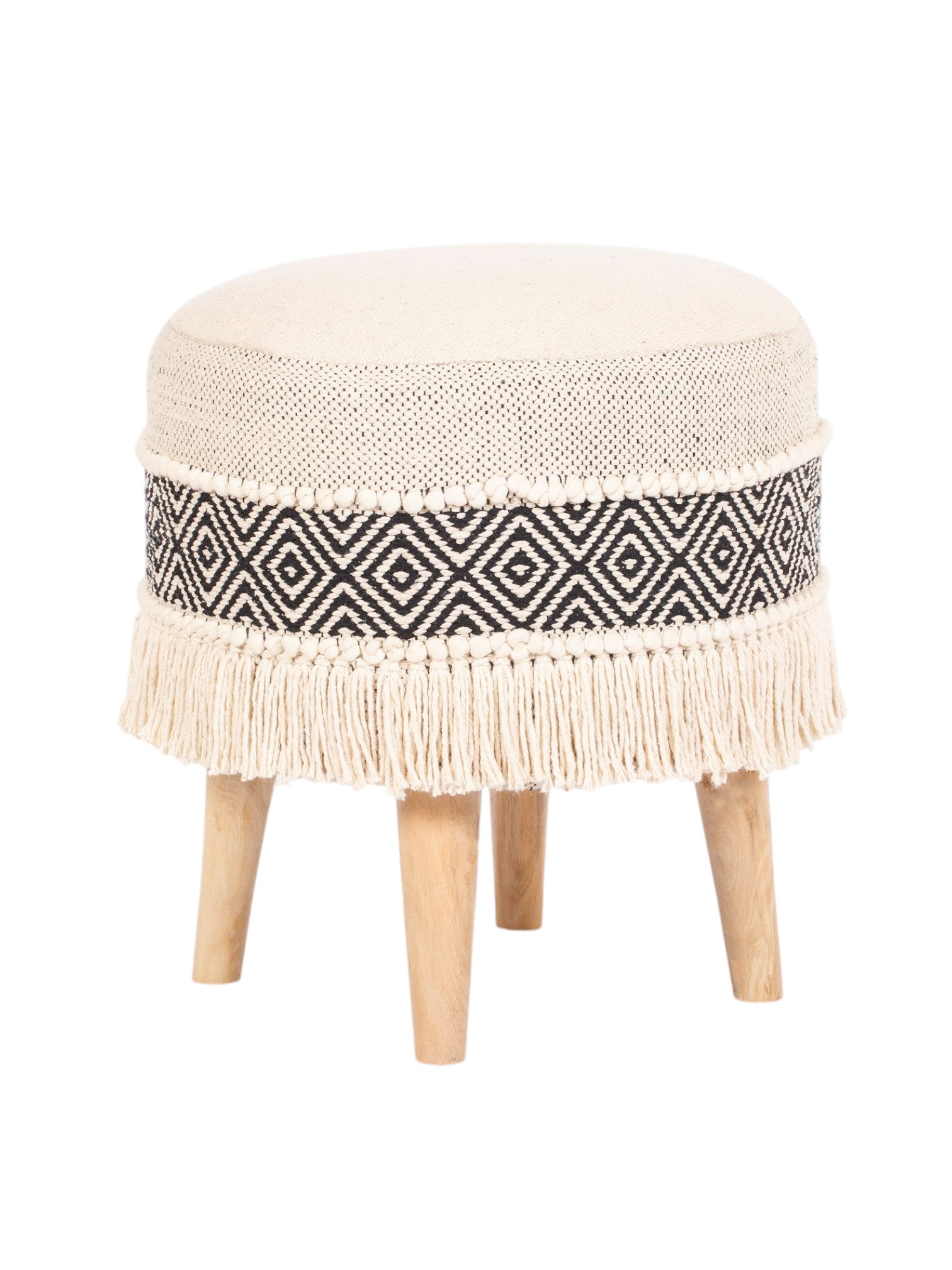 Cream & Black Handwoven Boho Ottoman | Round Cotton Pouf with Fringe | Handmade Wooden-Leg Footstool for Living Rooms
