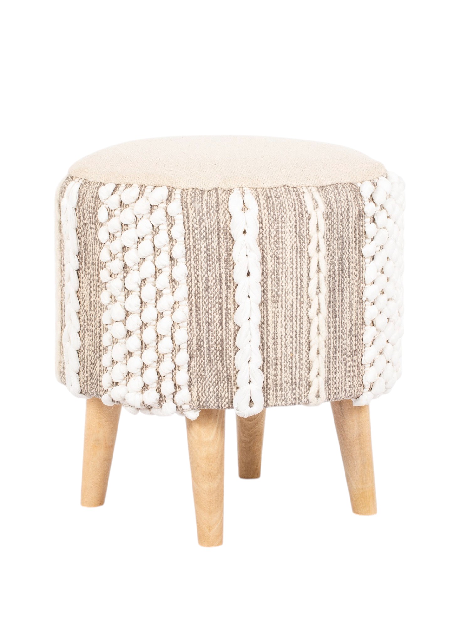 Handmade Boho Round Ottoman | Woven Cotton Pouf with Wooden Legs | Cream Modern Living Room Furniture