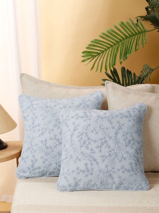 Turquoise Blue 2 Pieces Floral Embroidered Cushion Covers