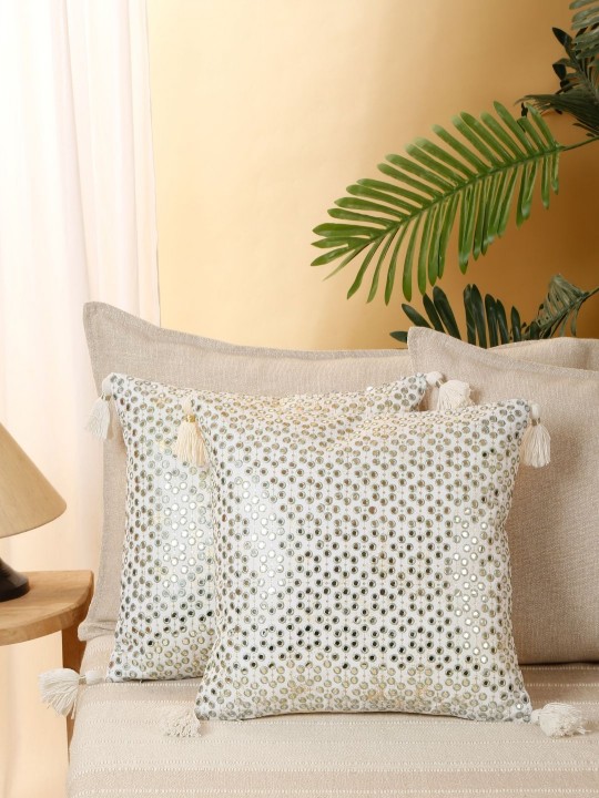 Green & Beige 2 Pieces Mirror Work Tasselled Cushion Covers