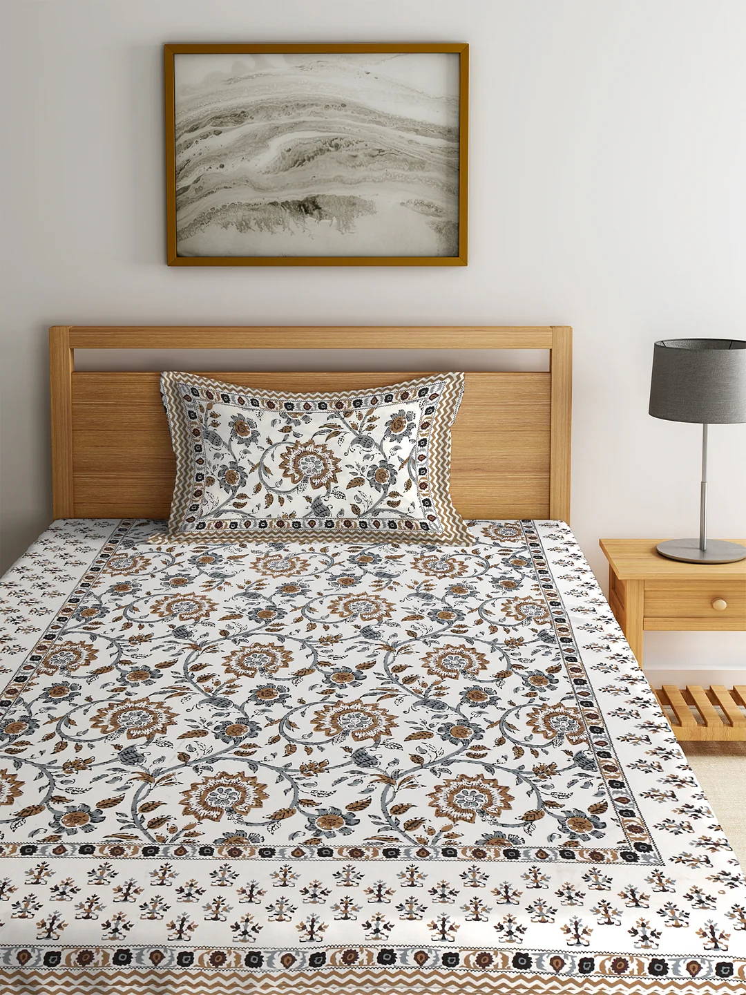 Screen Print Jaiuri Cotton Floral Pattern Single Bedsheet with 1 Pillow Cover