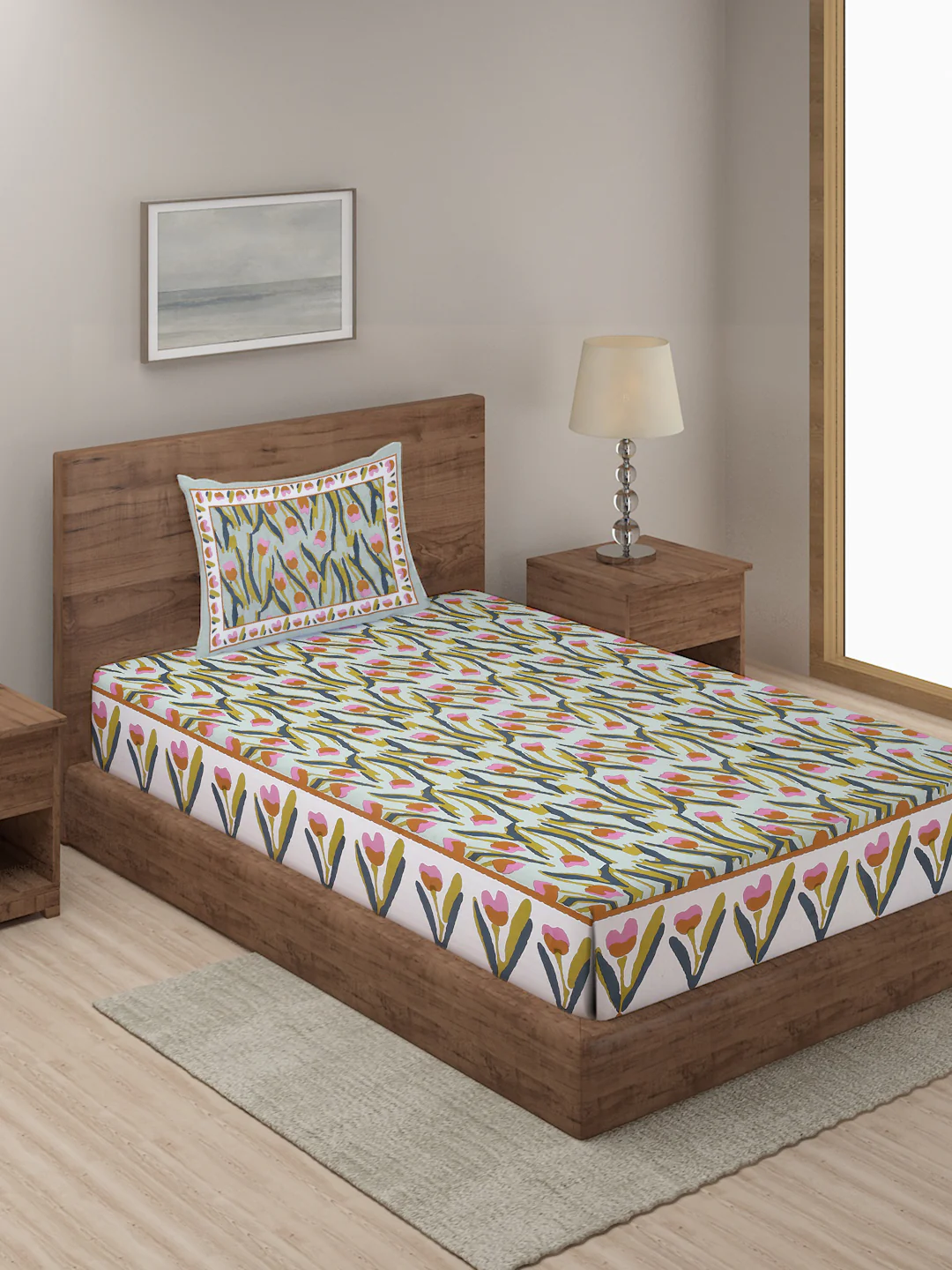Green Floral Print 144 TC Cotton Single Bed Sheet with 1 Pillow Cover