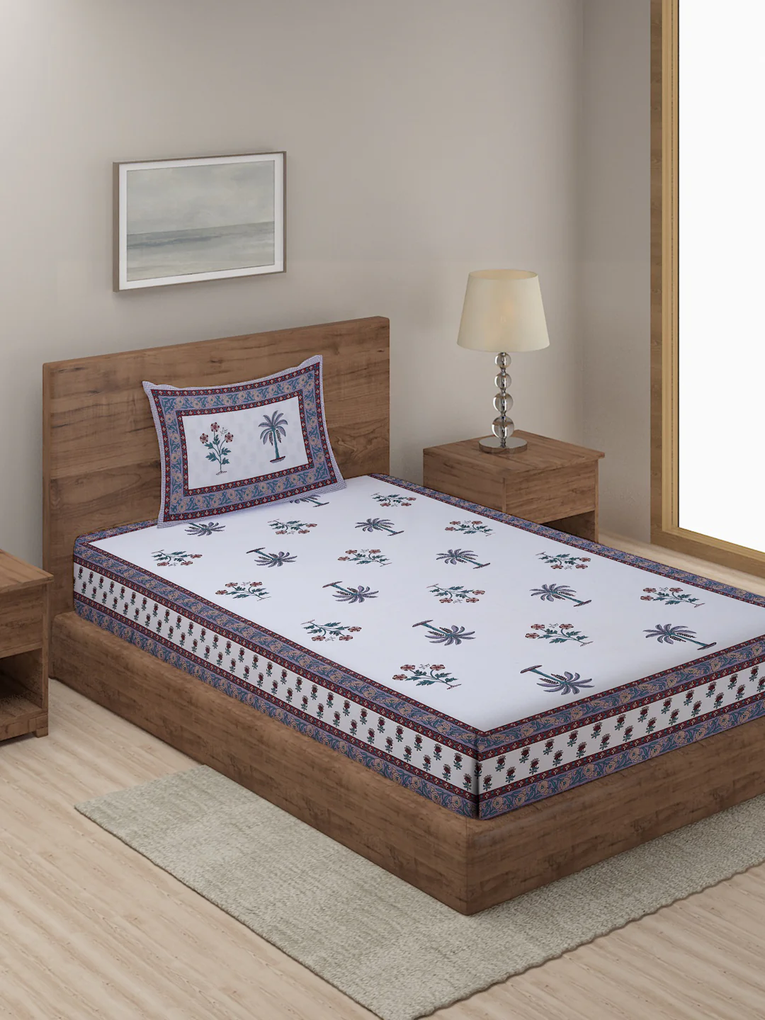 White and Indigo Ethnic Motif Print 144 TC Cotton Single Bed Sheet with 1 Pillow Cover