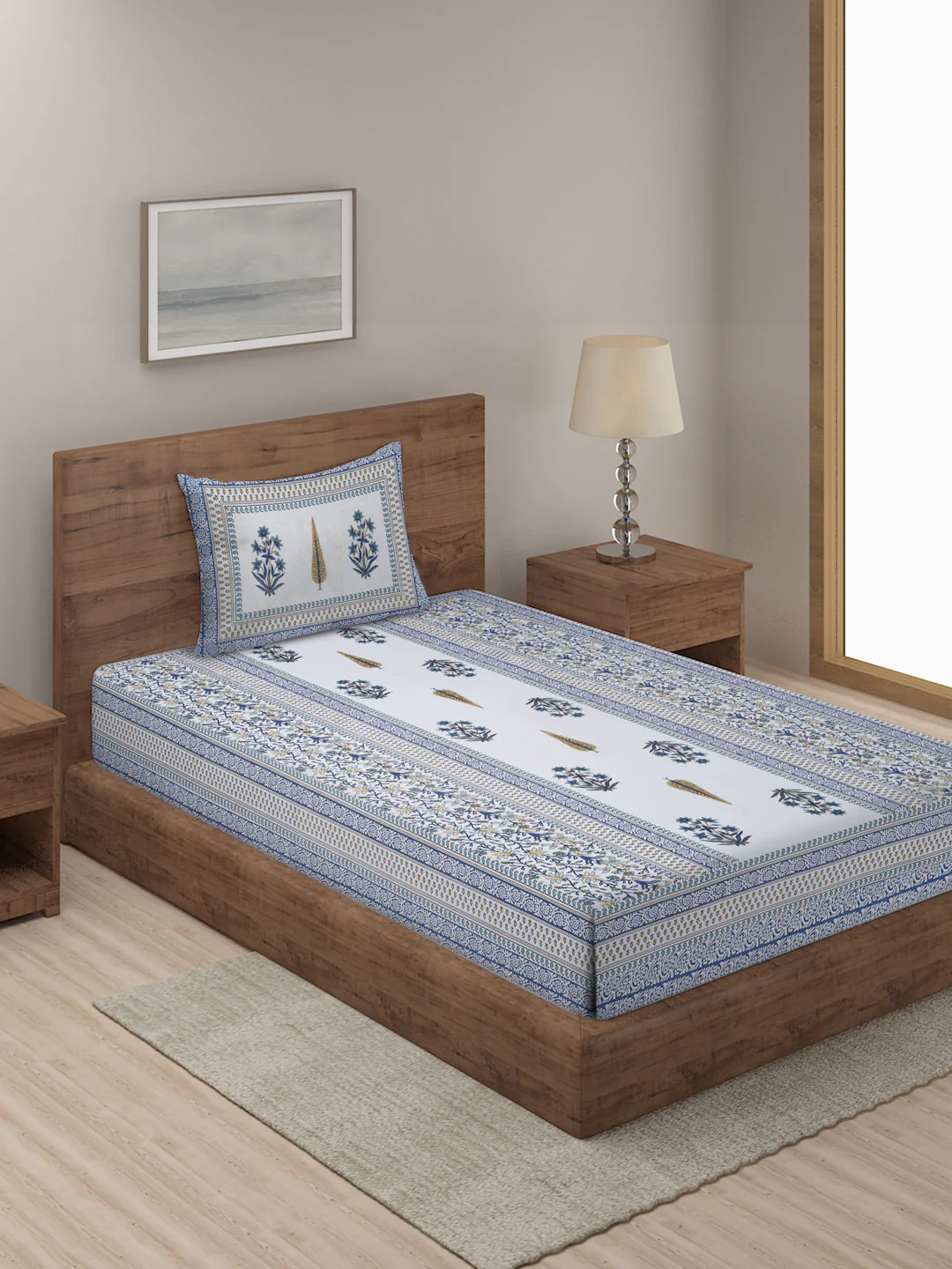 White and Indigo Ethnic Motif Print 144 TC Cotton Single Bed Sheet with 1 Pillow Cover