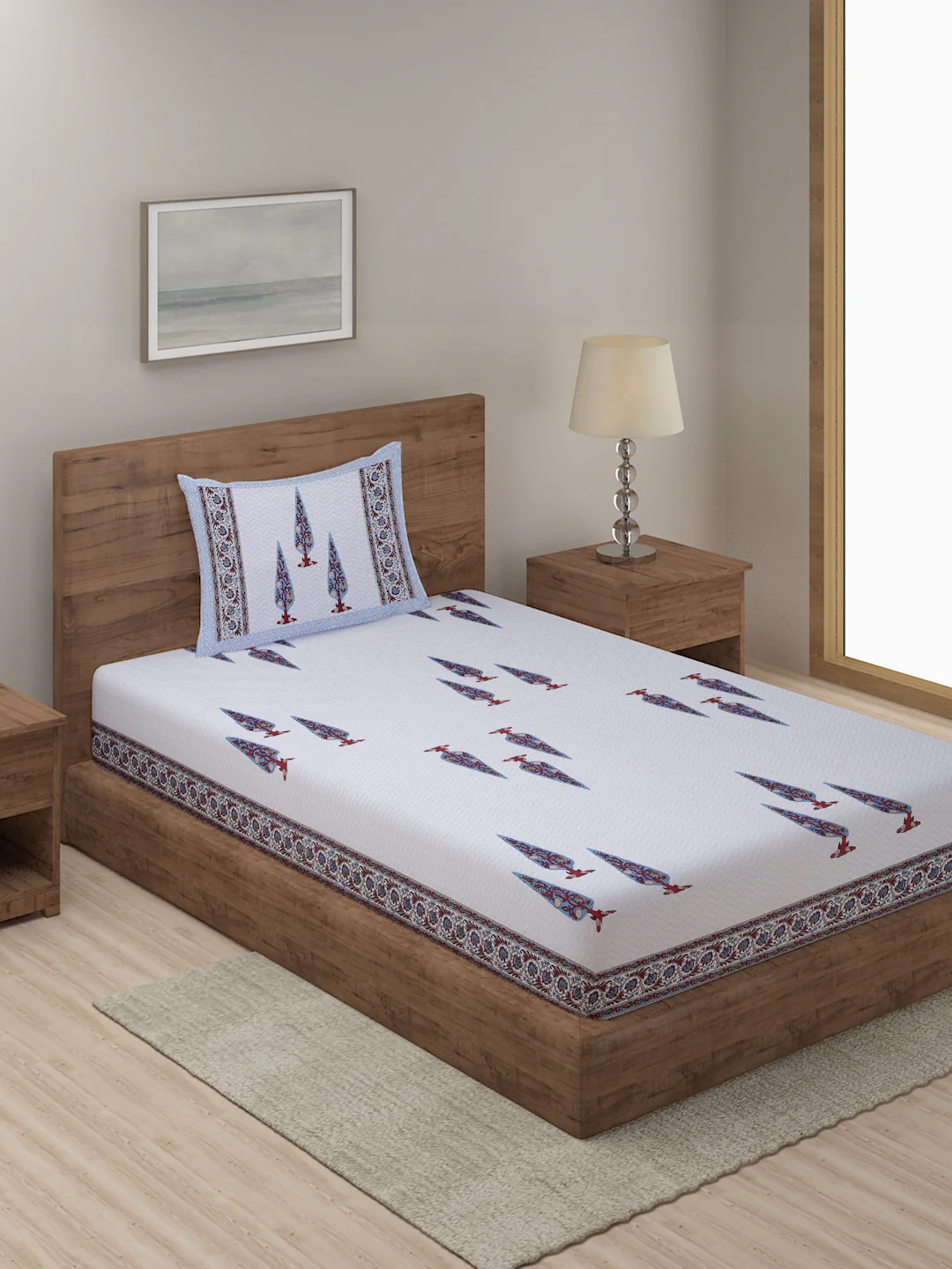 White and Indigo Ethnic Motif Print 144 TC Cotton Single Bed Sheet with 1 Pillow Cover